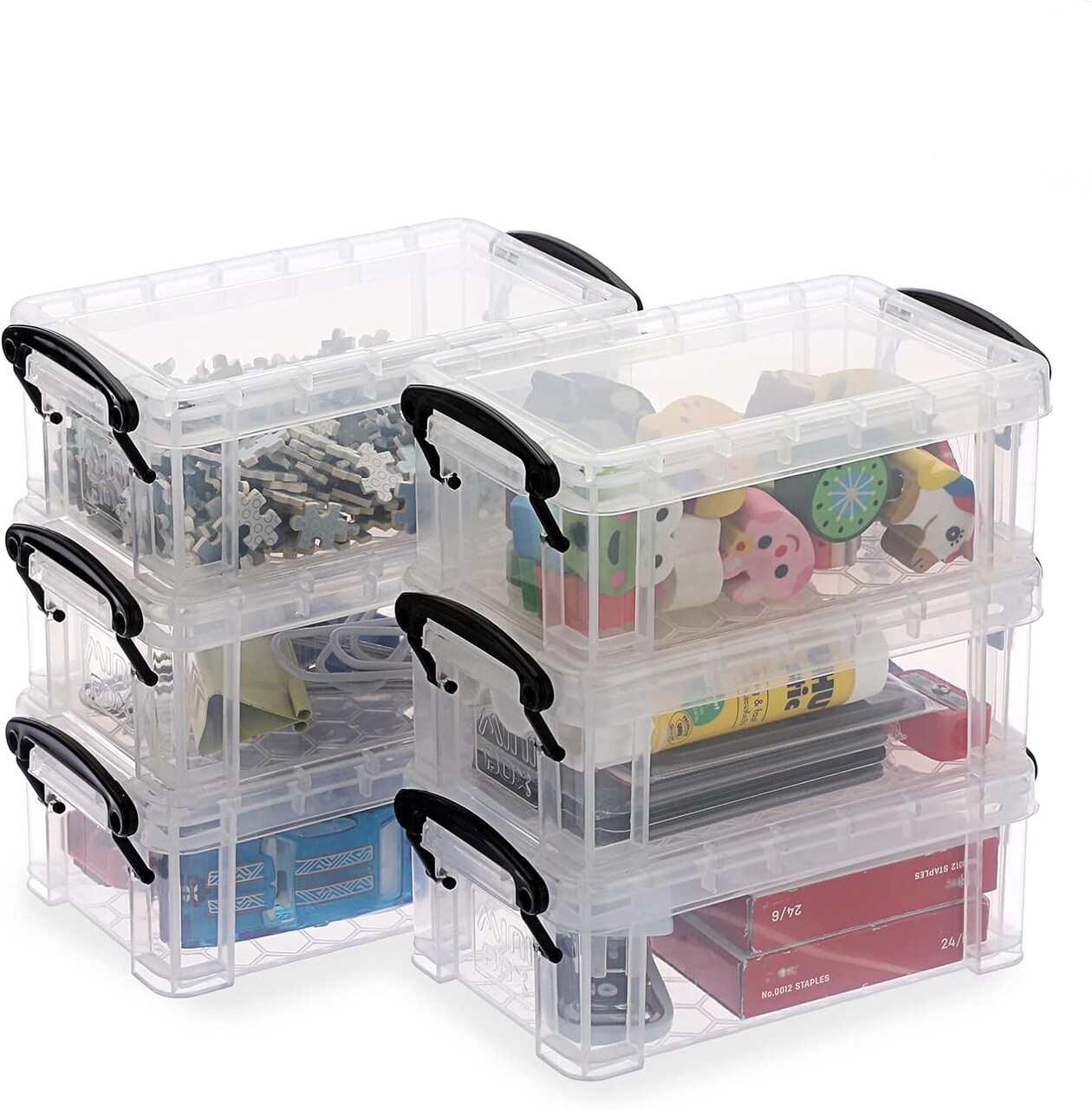 6 Pack Small Clear Plastic Storage Box with Lid Mini Sewing Box Organizer with Black Latch Stackable Craft Storage Containers Small Organizer Box for Stationery, Jewelry, and More